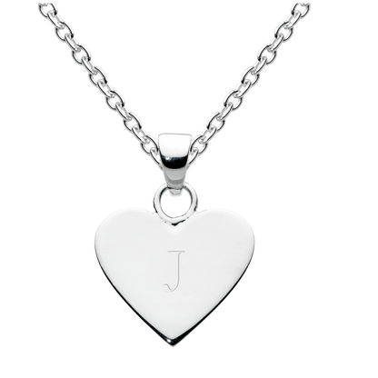 Silver heart-shaped pendant with engraved letter 'J' on a white background