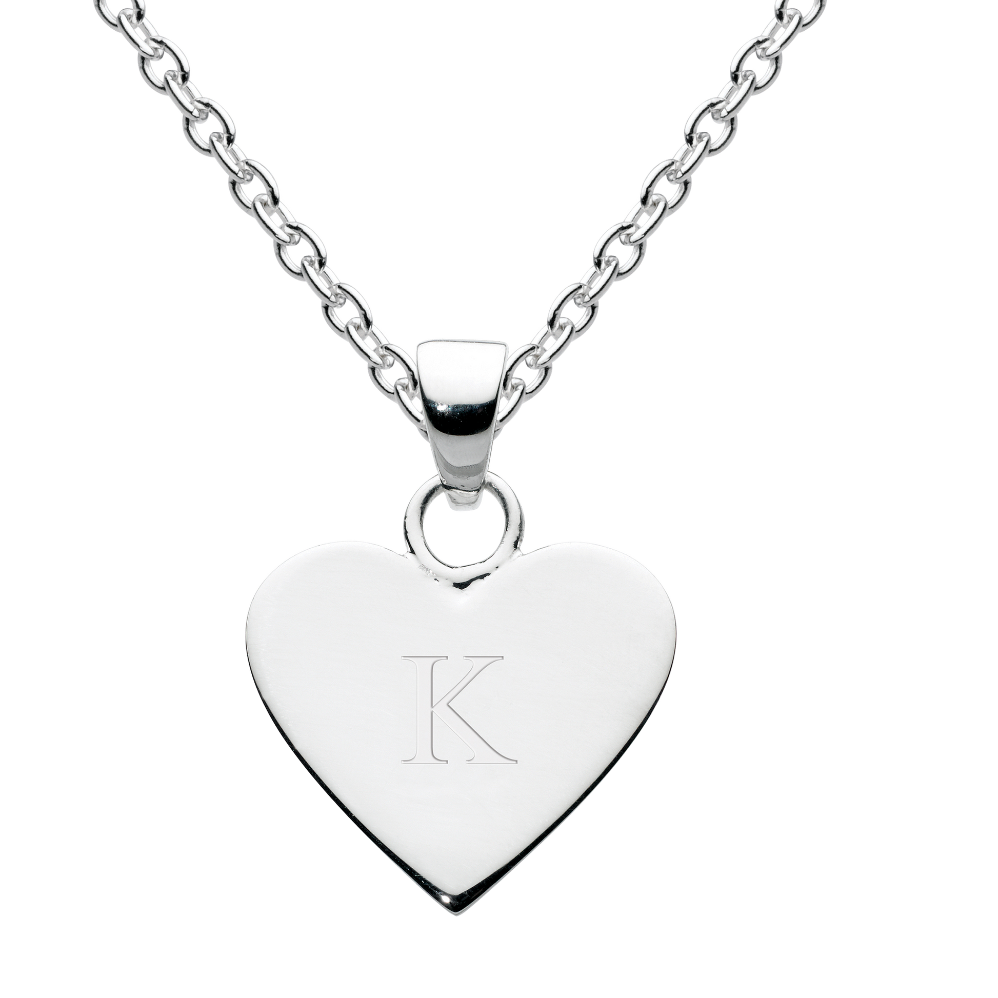 Silver heart-shaped necklace with an engraved 'K' on a white background