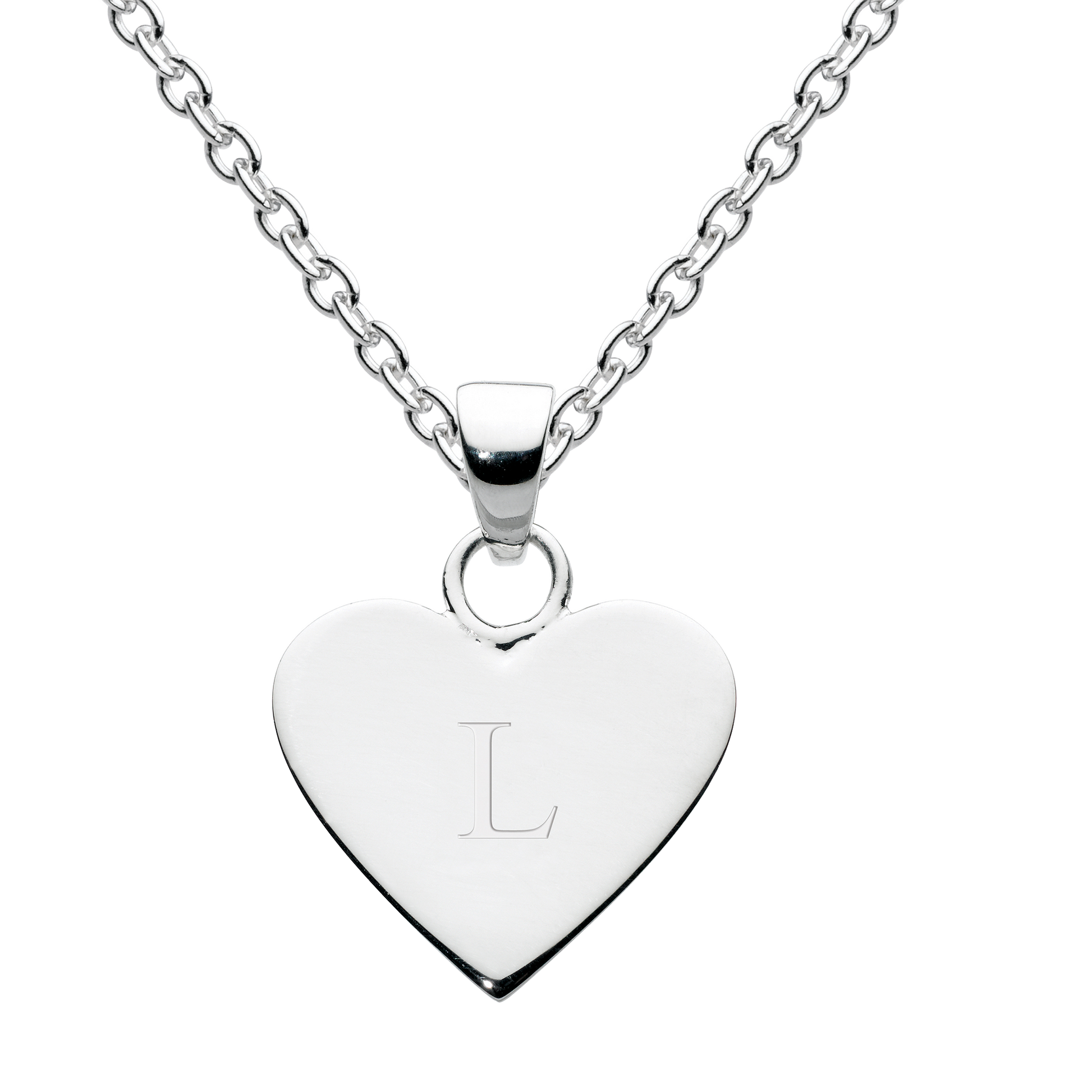 Silver heart-shaped pendant with 'L' on a white chain against a white background