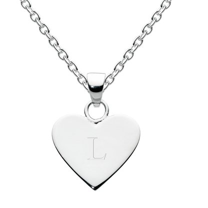 Silver heart-shaped pendant with 'L' on a white chain against a white background