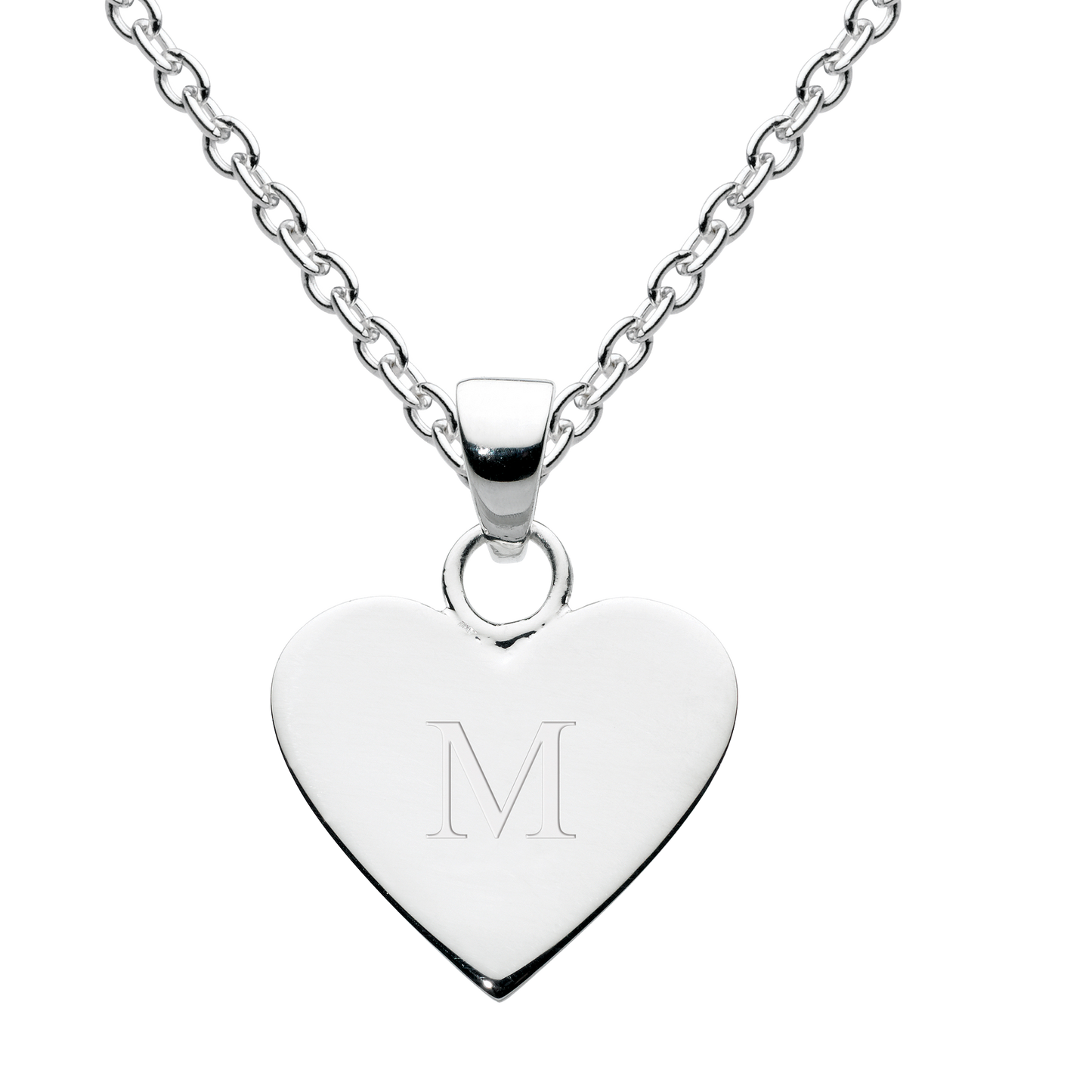Silver heart-shaped pendant with engraved letter 'M' on a white background
