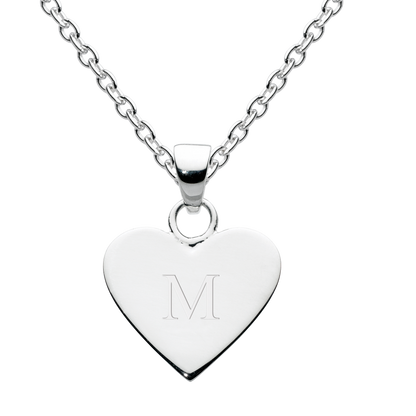 Silver heart-shaped pendant with engraved letter 'M' on a white background
