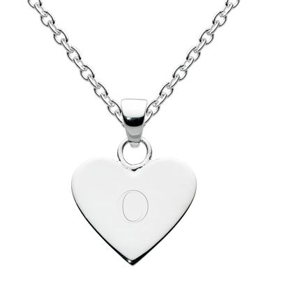 Silver heart-shaped pendant with a letter 'O' on a white background