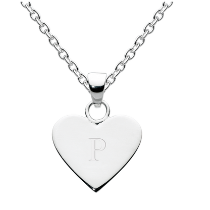 Silver heart-shaped pendant with 'P' on a chain against a white background