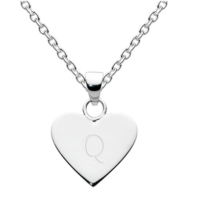 Silver heart-shaped necklace with an engraved letter 'Q' on a white background