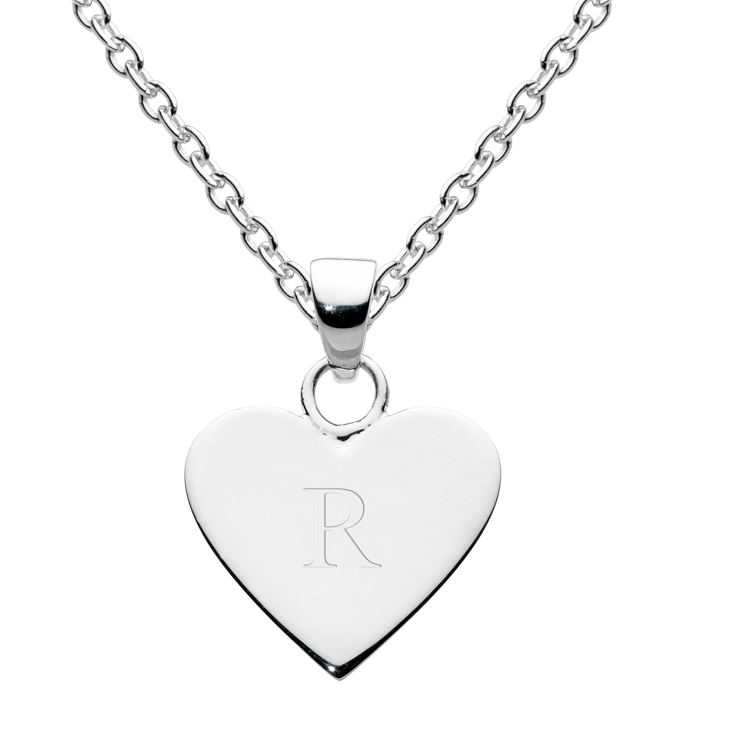 Silver heart-shaped pendant with engraved letter 'R' on a white background