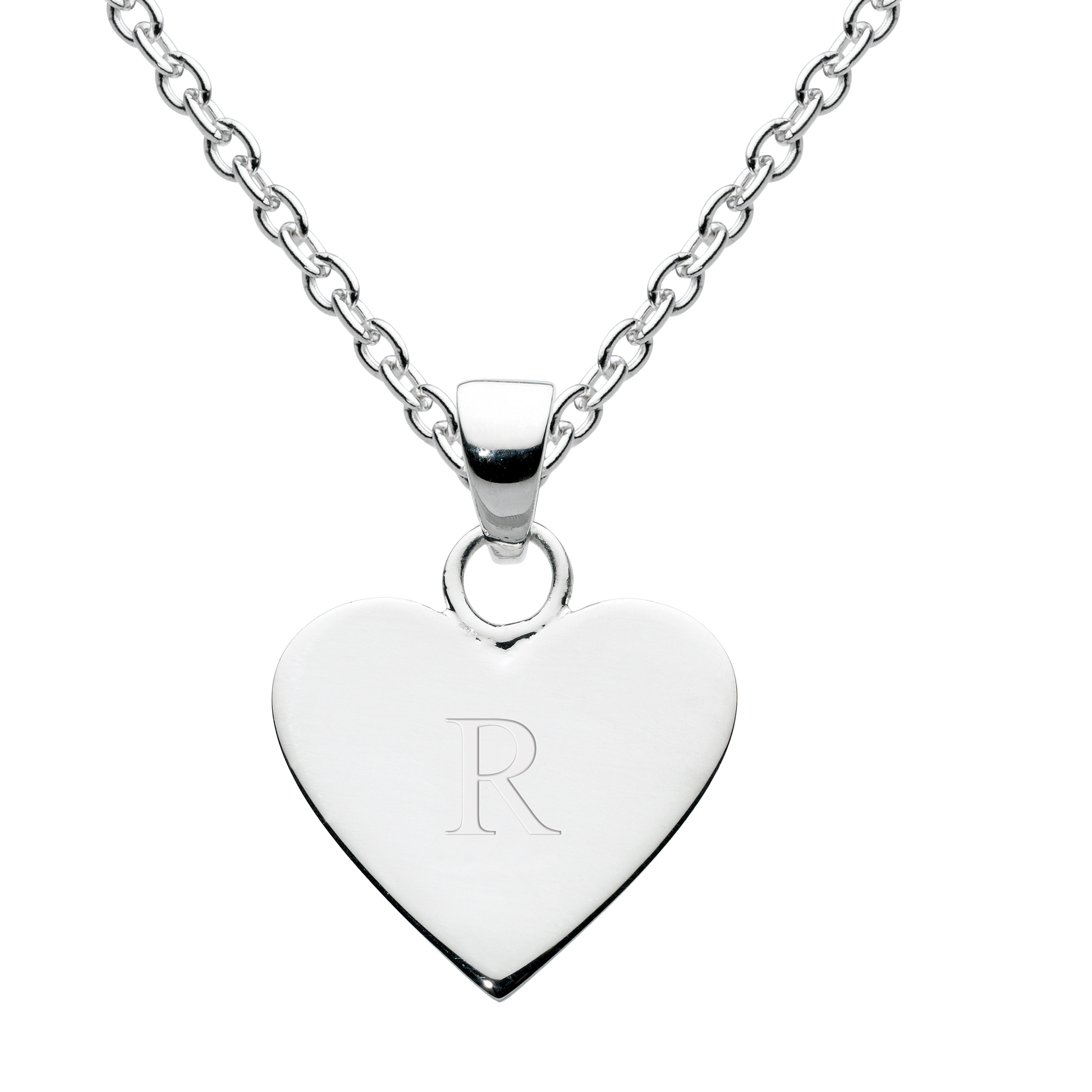Silver heart-shaped pendant with engraved letter 'R' on a white background