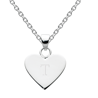 Silver heart-shaped necklace with an engraved letter 'T' on a white background