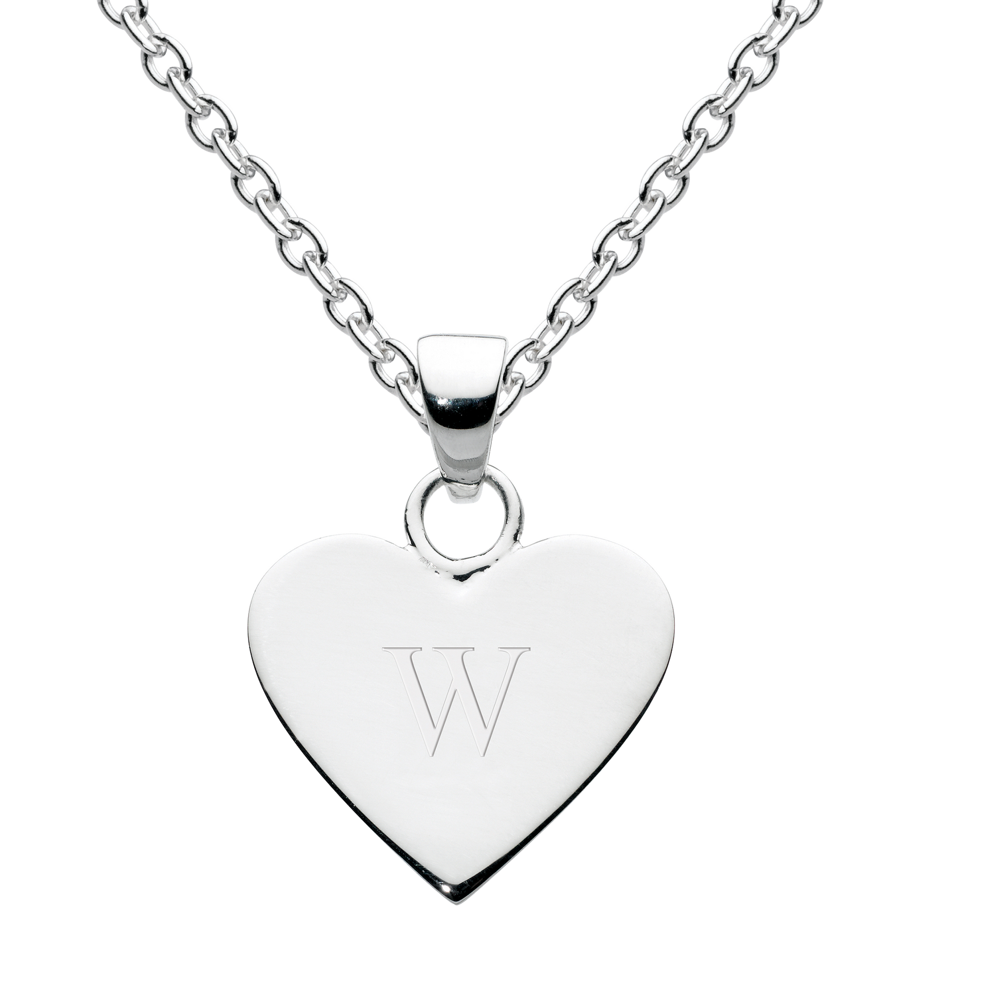 Silver heart-shaped pendant with 'W' engraving on a white background