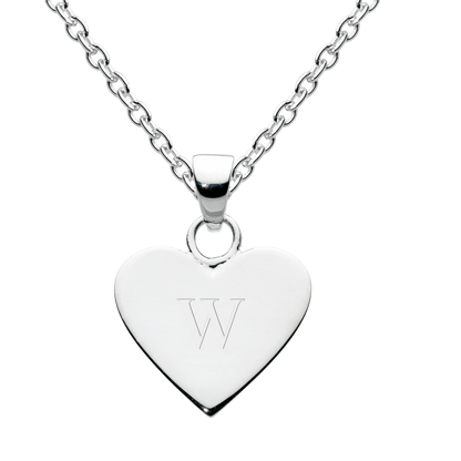 Silver heart-shaped pendant with 'W' engraving on a white background