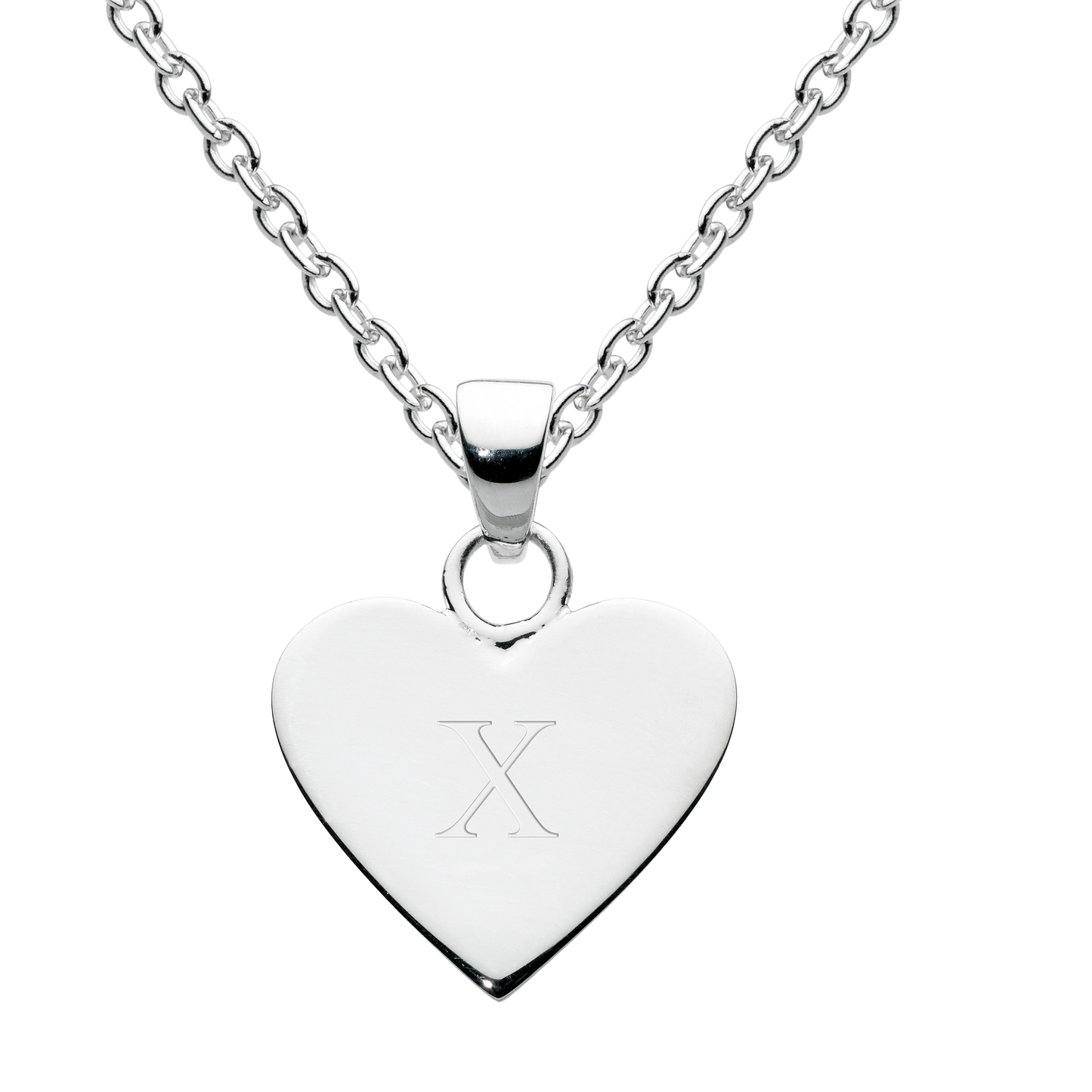 Silver heart-shaped pendant with engraved letter 'X' on a white background