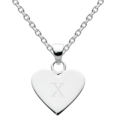 Silver heart-shaped pendant with engraved letter 'X' on a white background