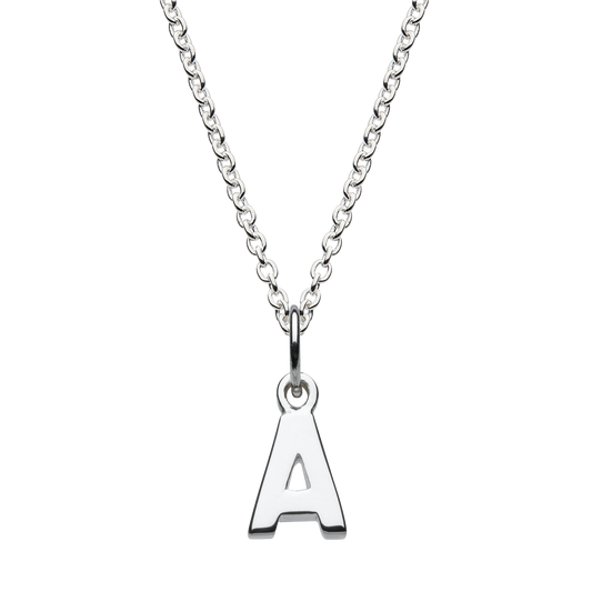 Silver necklace with a 'A' pendant on a white background
