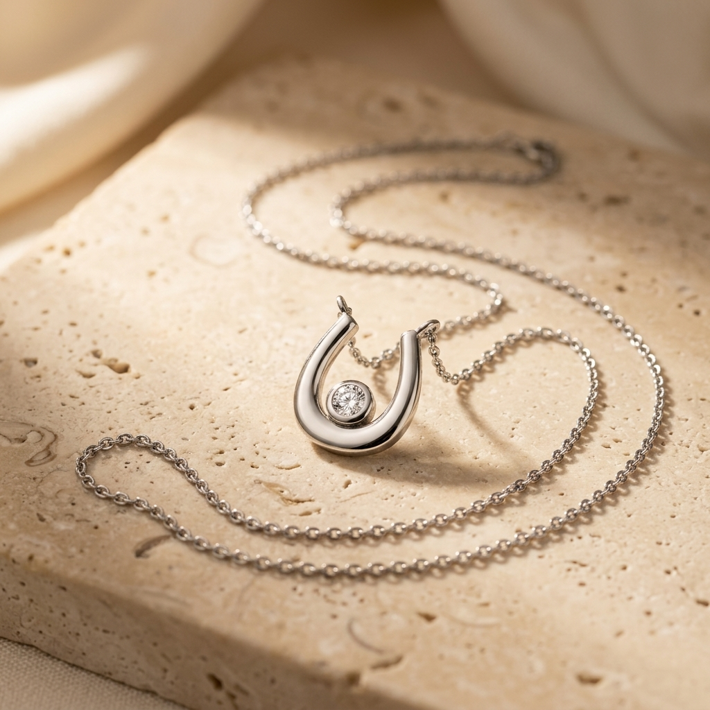 Silver necklace with a horseshoe pendant on a textured beige surface