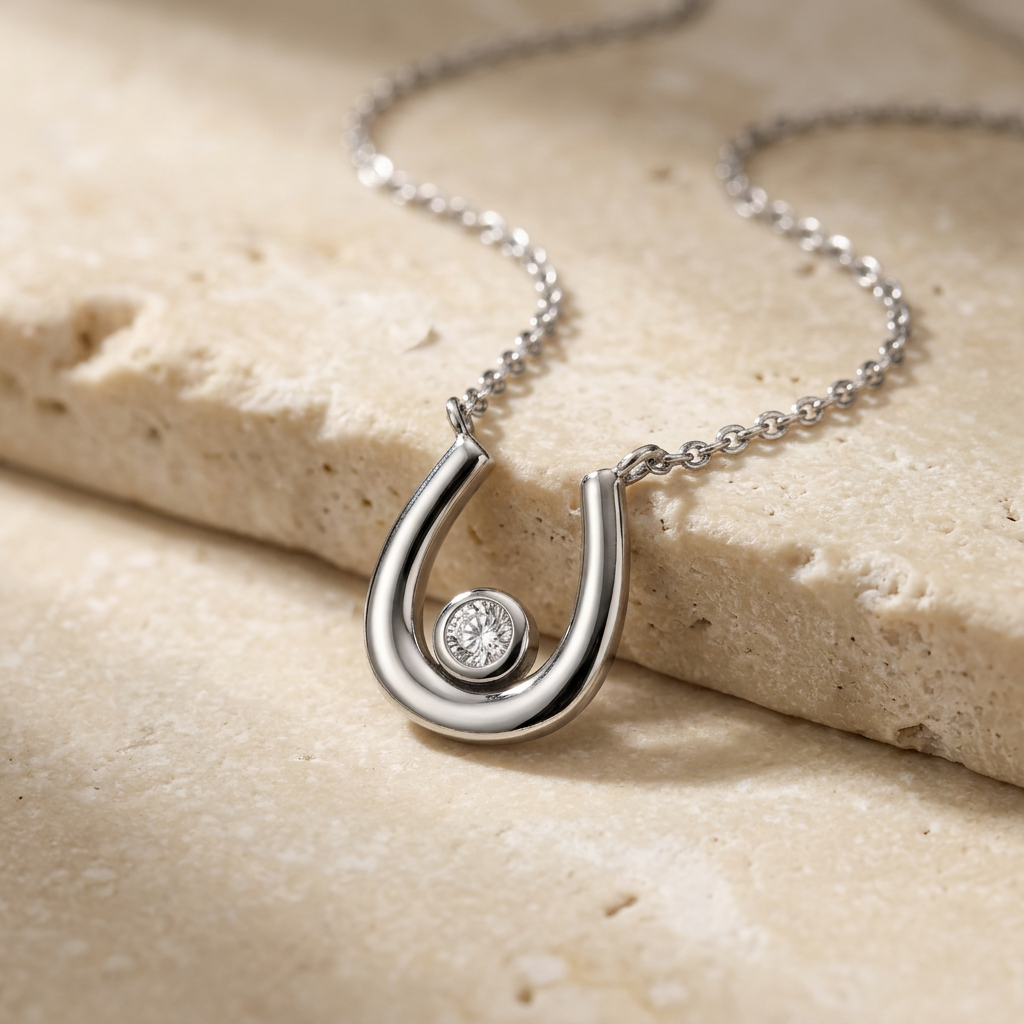 Cubic Zirconia Horseshoe Silver Necklet on a beige stone surface