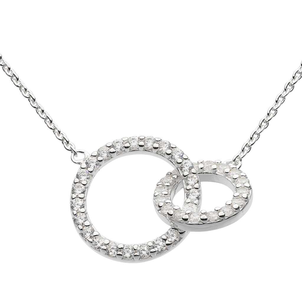 Silver necklace with interlocking rings on a white background