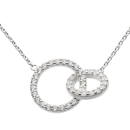 Silver necklace with interlocking rings on a white background