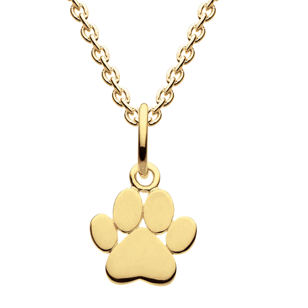 Gold paw print necklace on a white background