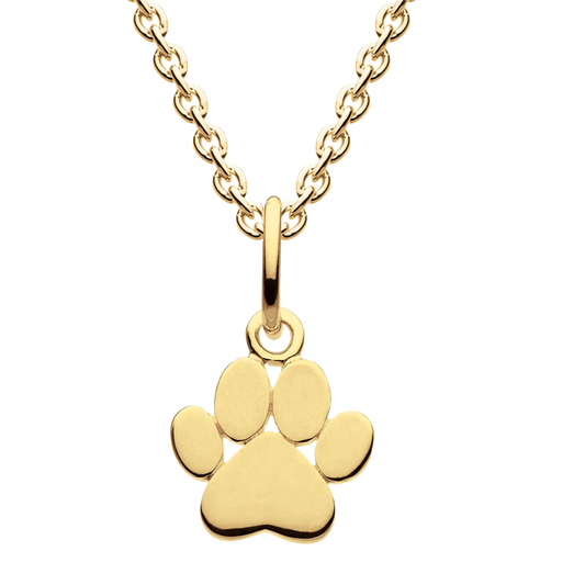 Gold paw print necklace on a white background