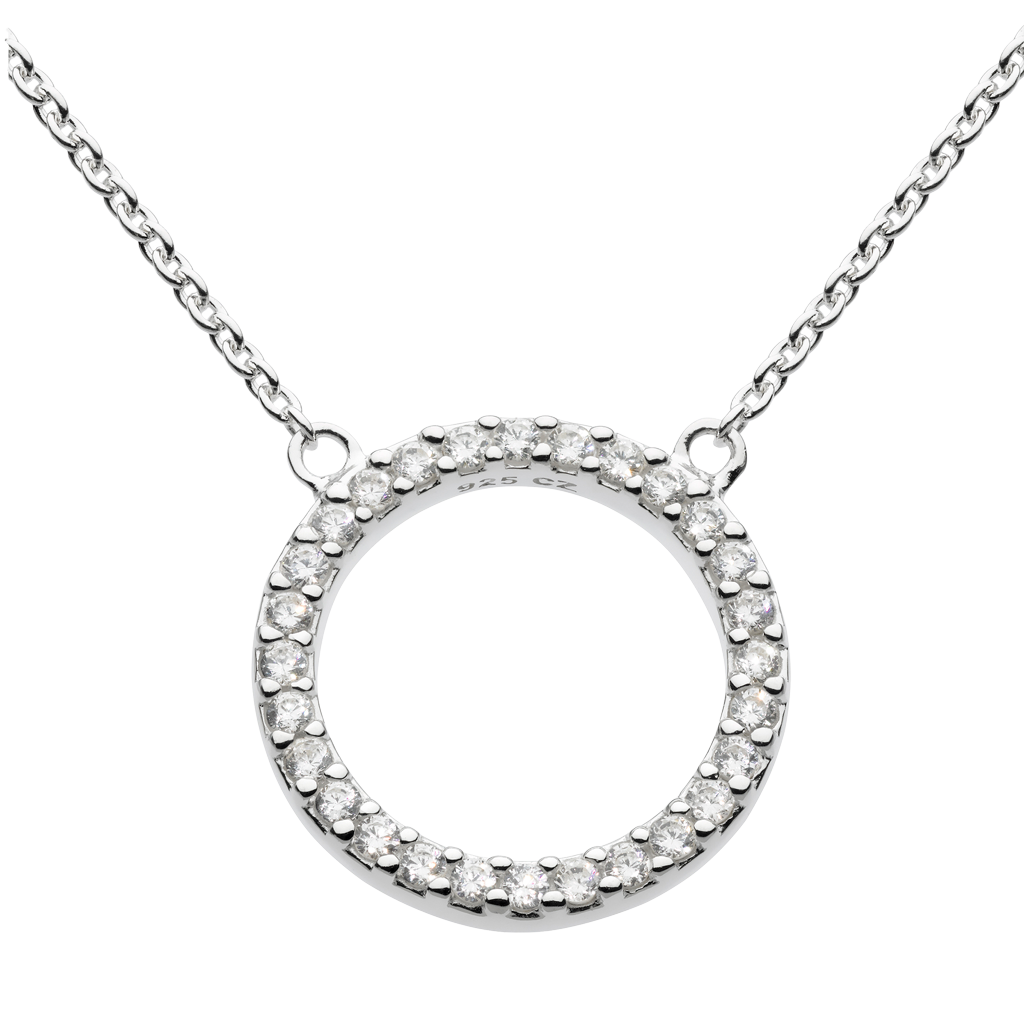 Silver necklace with a round pendant on a white background