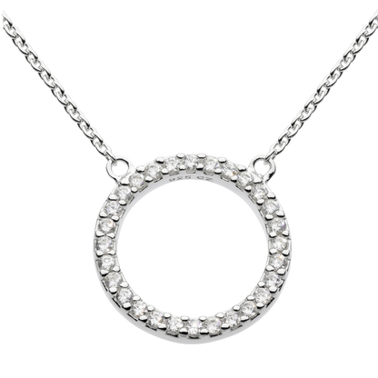 Silver necklace with a round pendant on a white background