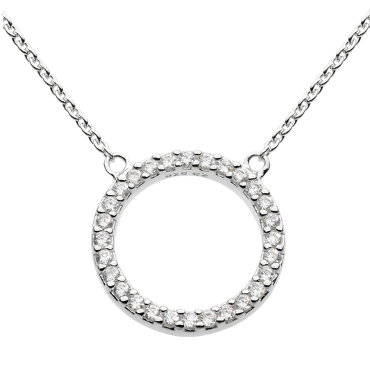 Silver necklace with a round pendant on a white background