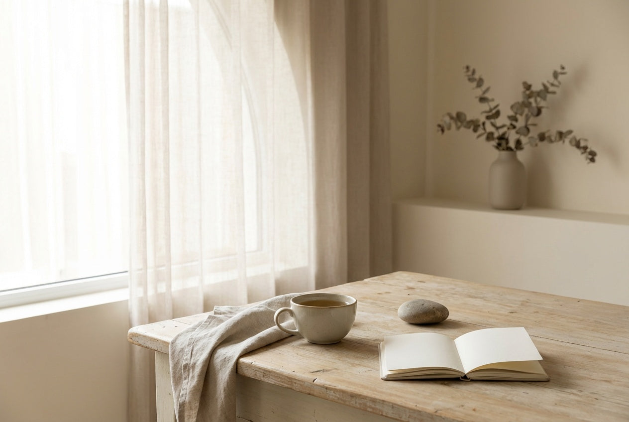 Wooden table with a cup, book, and stone in a bright room with curtains.