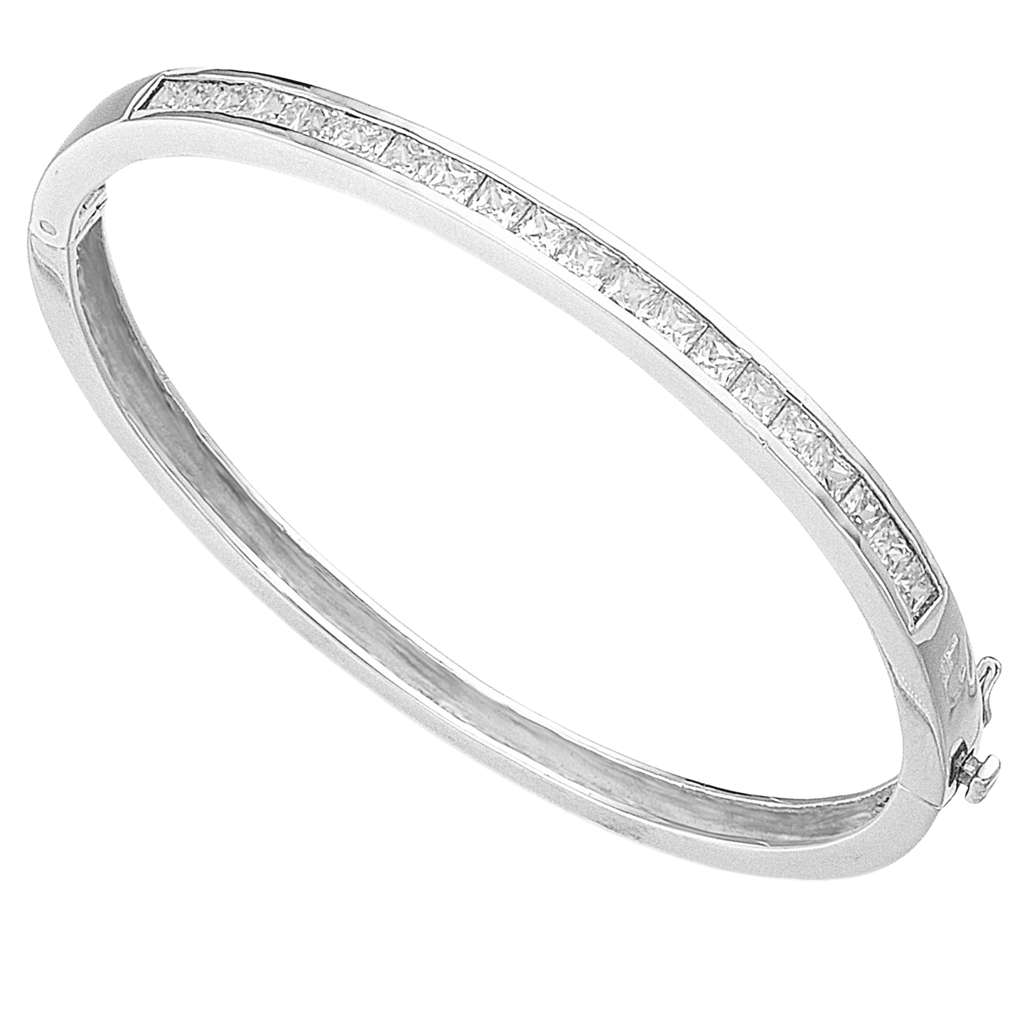 A Square Channel Set Bangle with Cubic Zirconia on a  subtle background