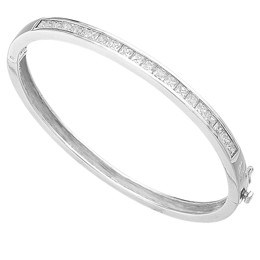 A Square Channel Set Bangle with Cubic Zirconia on a  subtle background