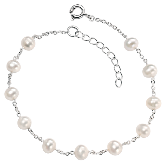 Pearl bracelet with silver chain on a white background
