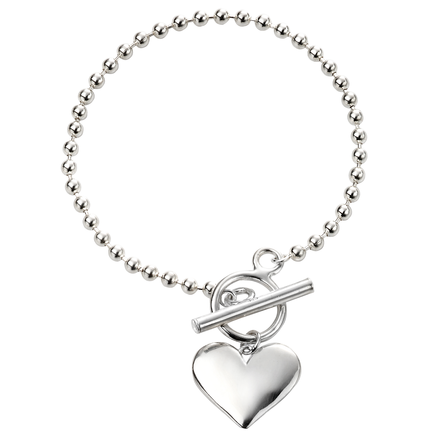 Silver bracelet with a heart-shaped charm on a white background