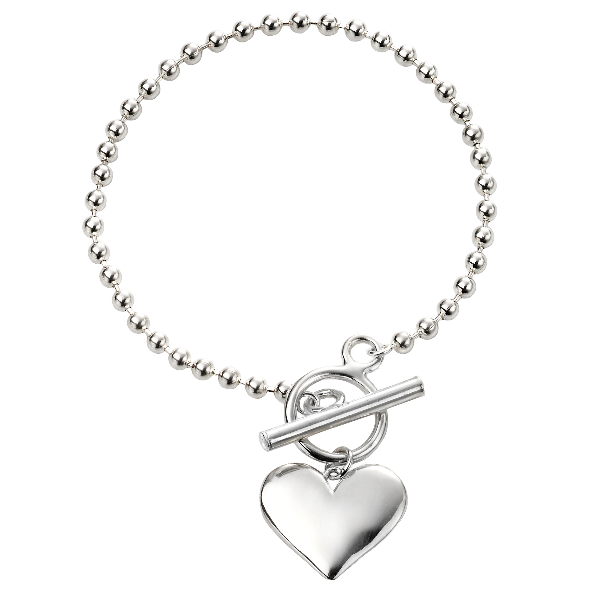 Silver bracelet with a heart-shaped charm on a white background