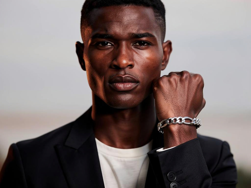 Man wearing a black suit and silver bracelet on a neutral background