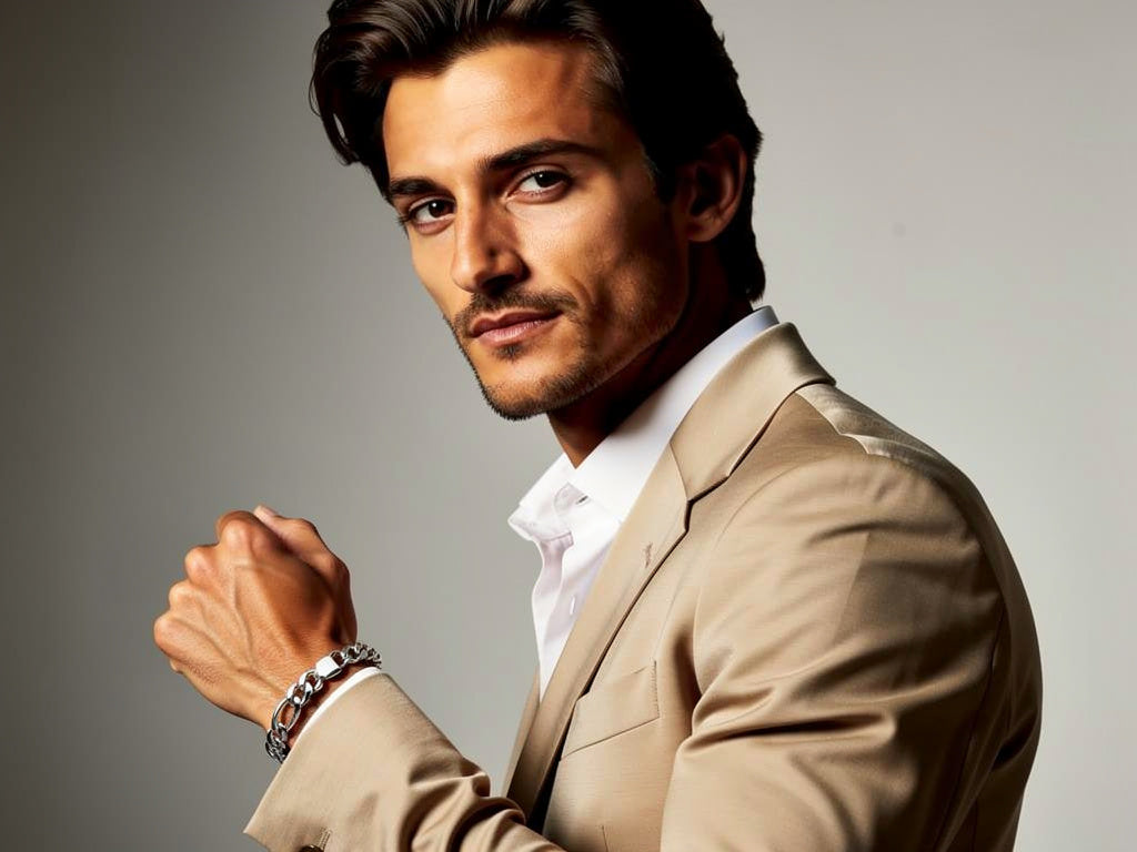 Man in a beige suit with a white shirt against a gray background