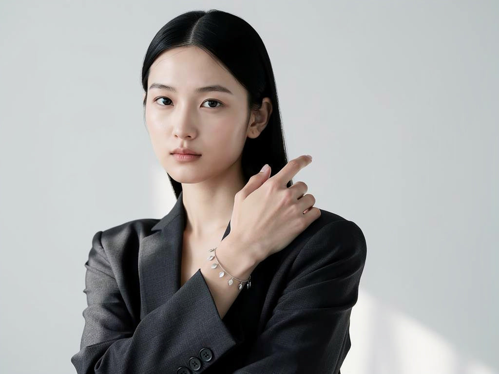 Woman wearing a black blazer and jewelry against a light gray background