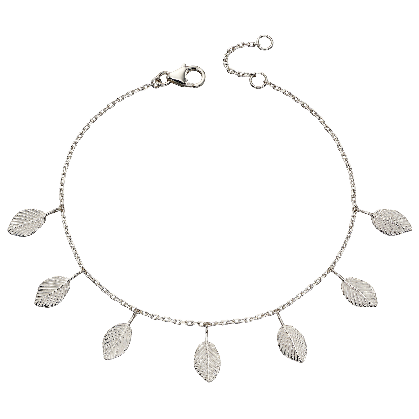 Silver bracelet with leaf-shaped charms on a white background