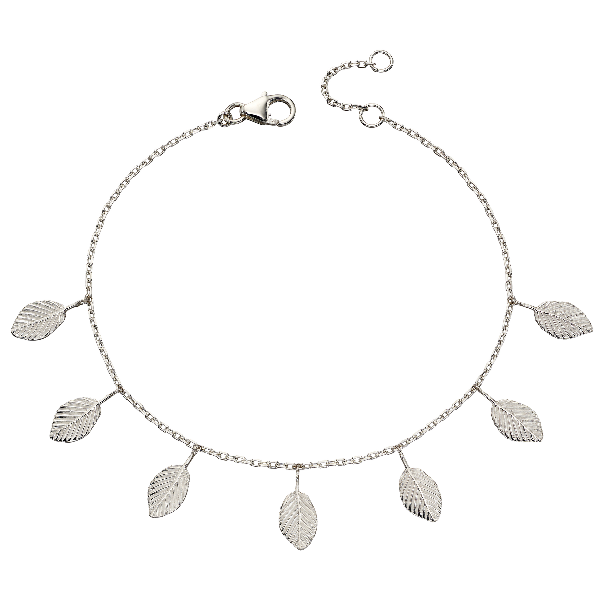 Silver bracelet with leaf-shaped charms on a white background