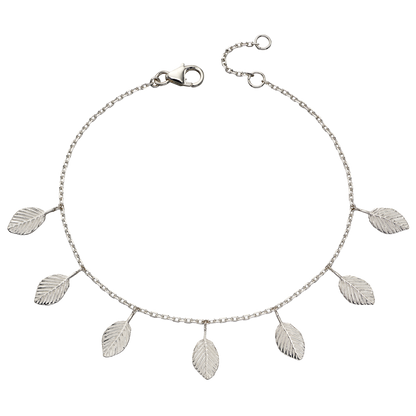 Silver bracelet with leaf-shaped charms on a white background