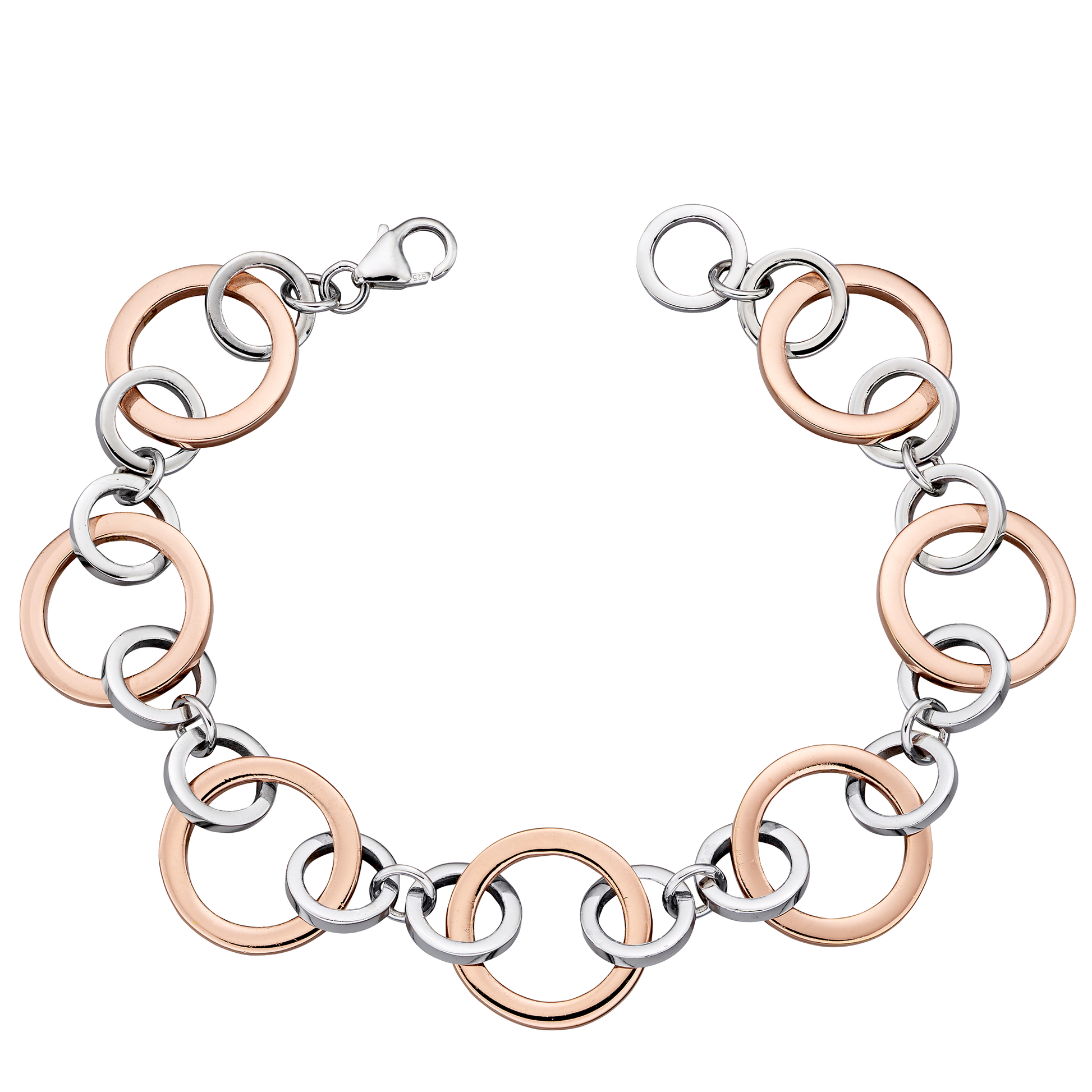 Bracelet with interlocking rings in silver and rose gold on a white background
