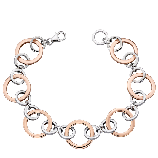 Bracelet with interlocking rings in silver and rose gold on a white background