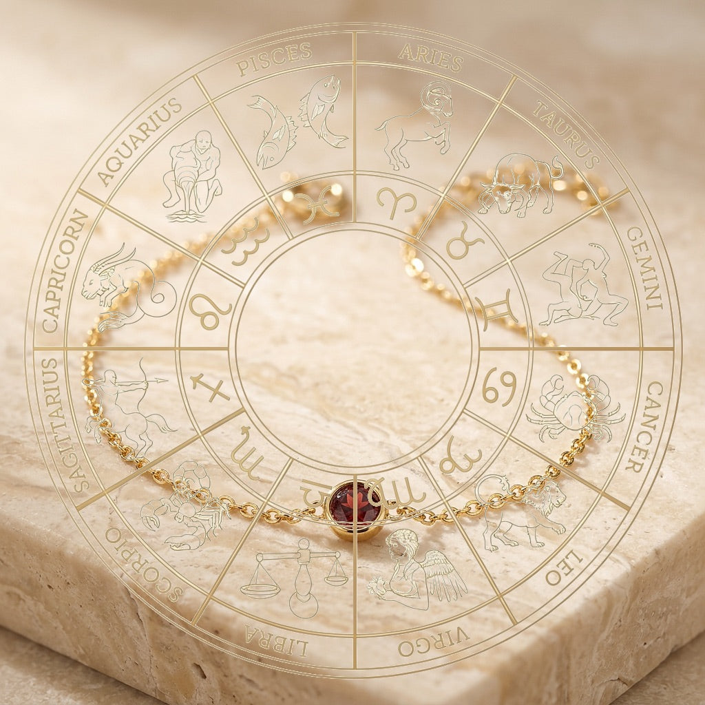Gold bracelet with a red gemstone on an engraved zodiac wheel