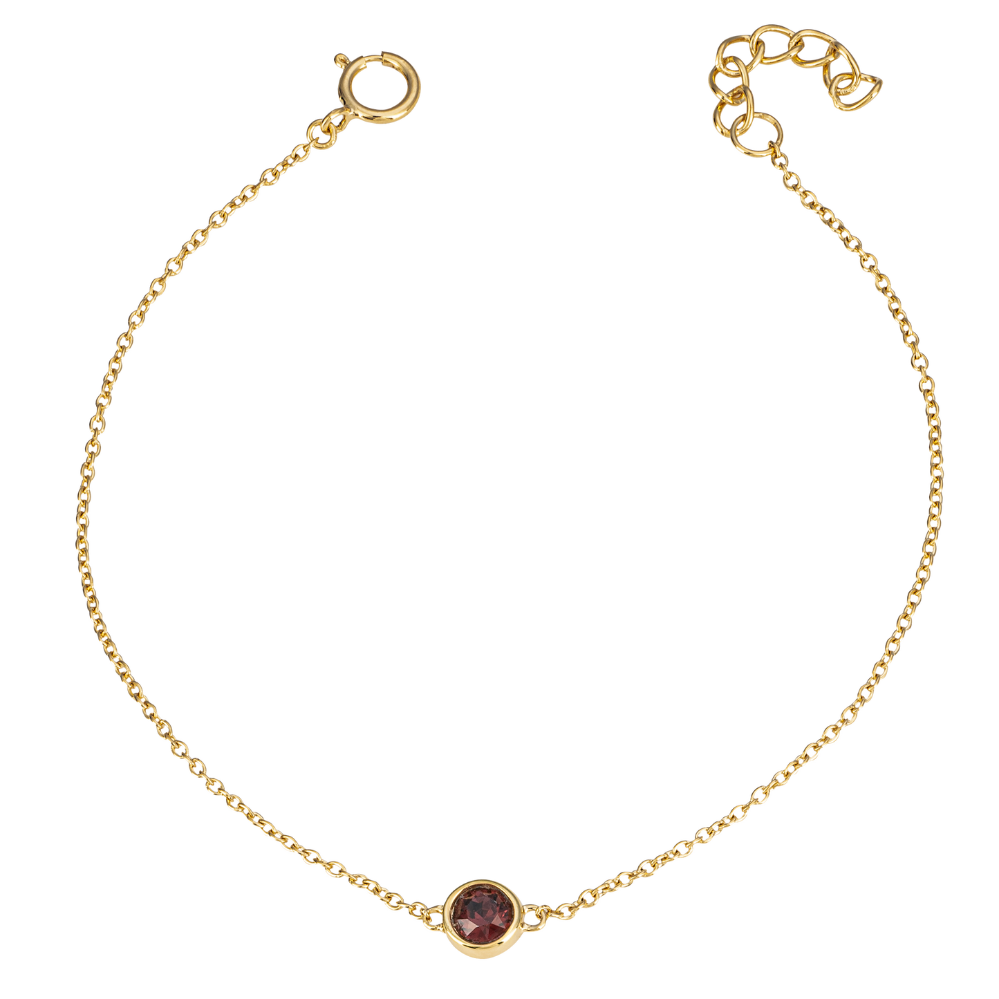Gold bracelet with a small round gemstone on a white background