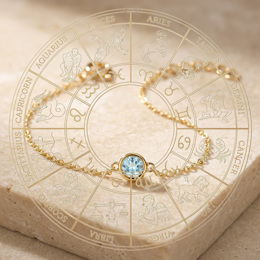 Gold bracelet with a blue gemstone on a zodiac wheel background