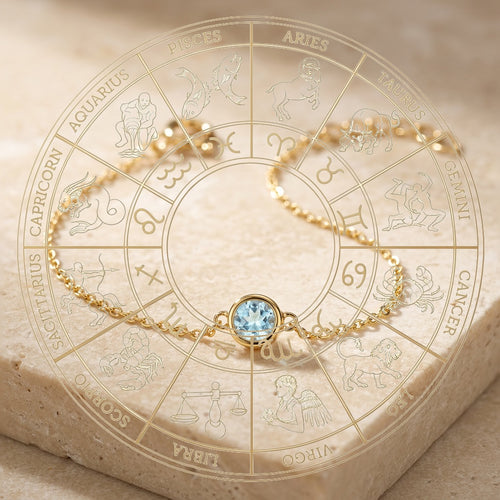 Gold bracelet with a blue gemstone on a zodiac wheel background