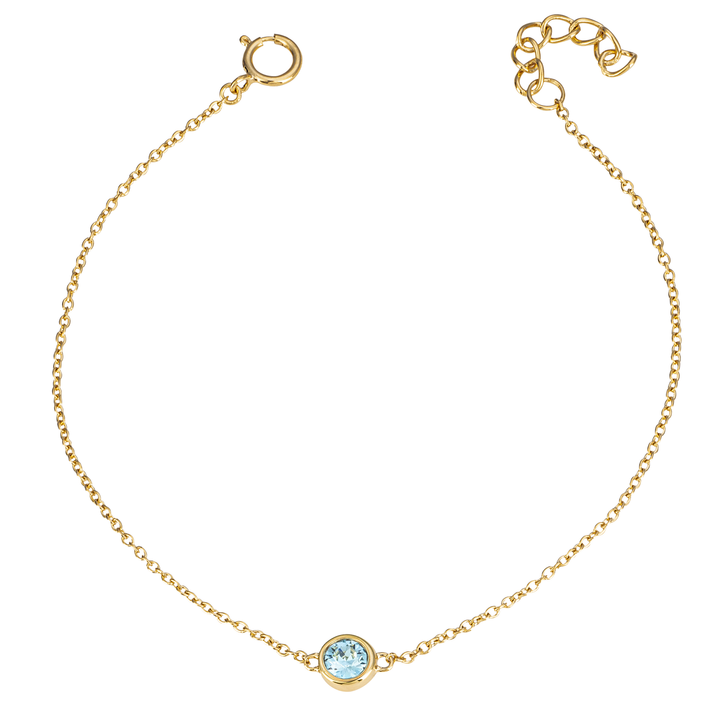 Gold bracelet with a blue gemstone on a white background
