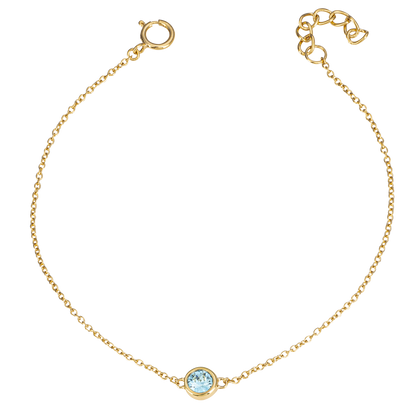 Gold bracelet with a blue gemstone on a white background