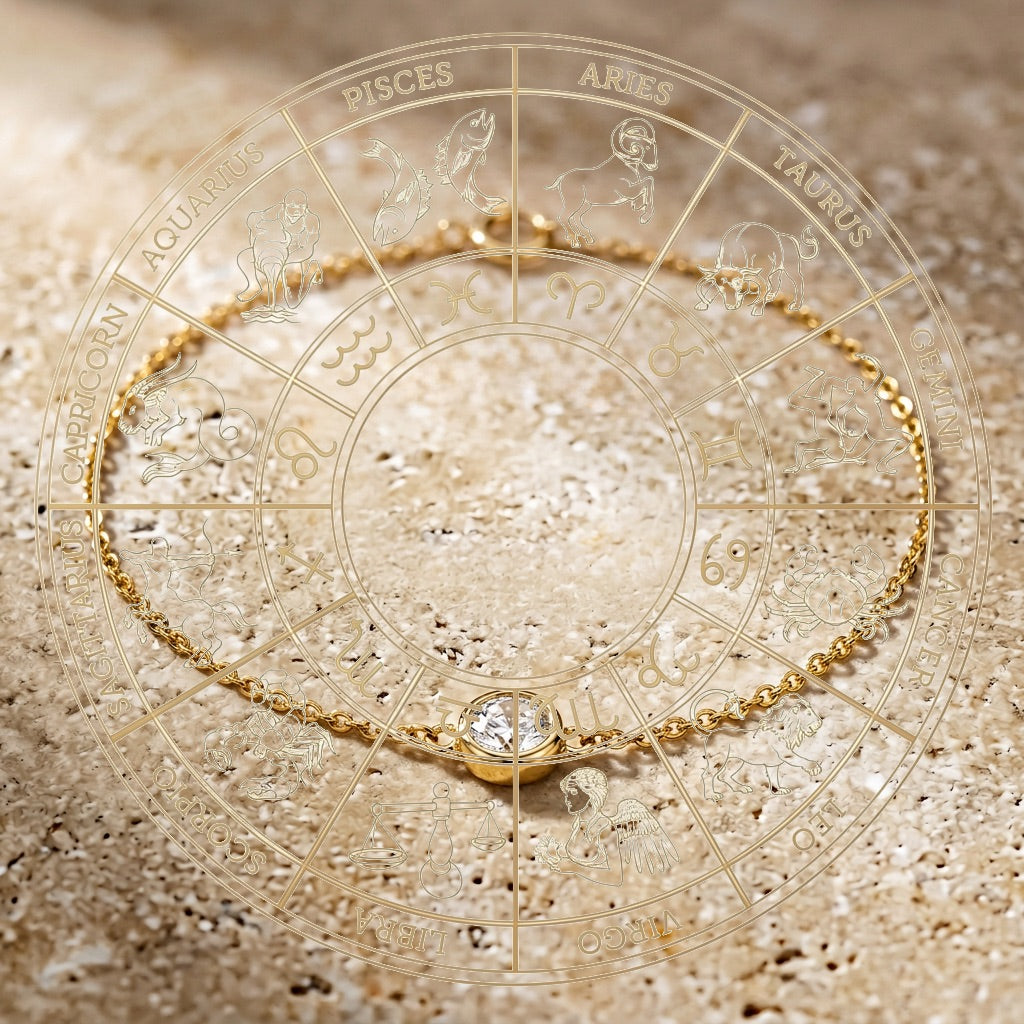 Gold bracelet with a diamond on an astrological chart background
