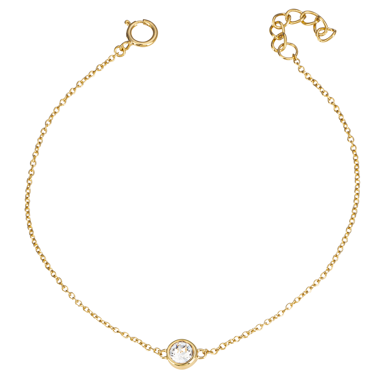 Gold bracelet with a small round gemstone on a white background