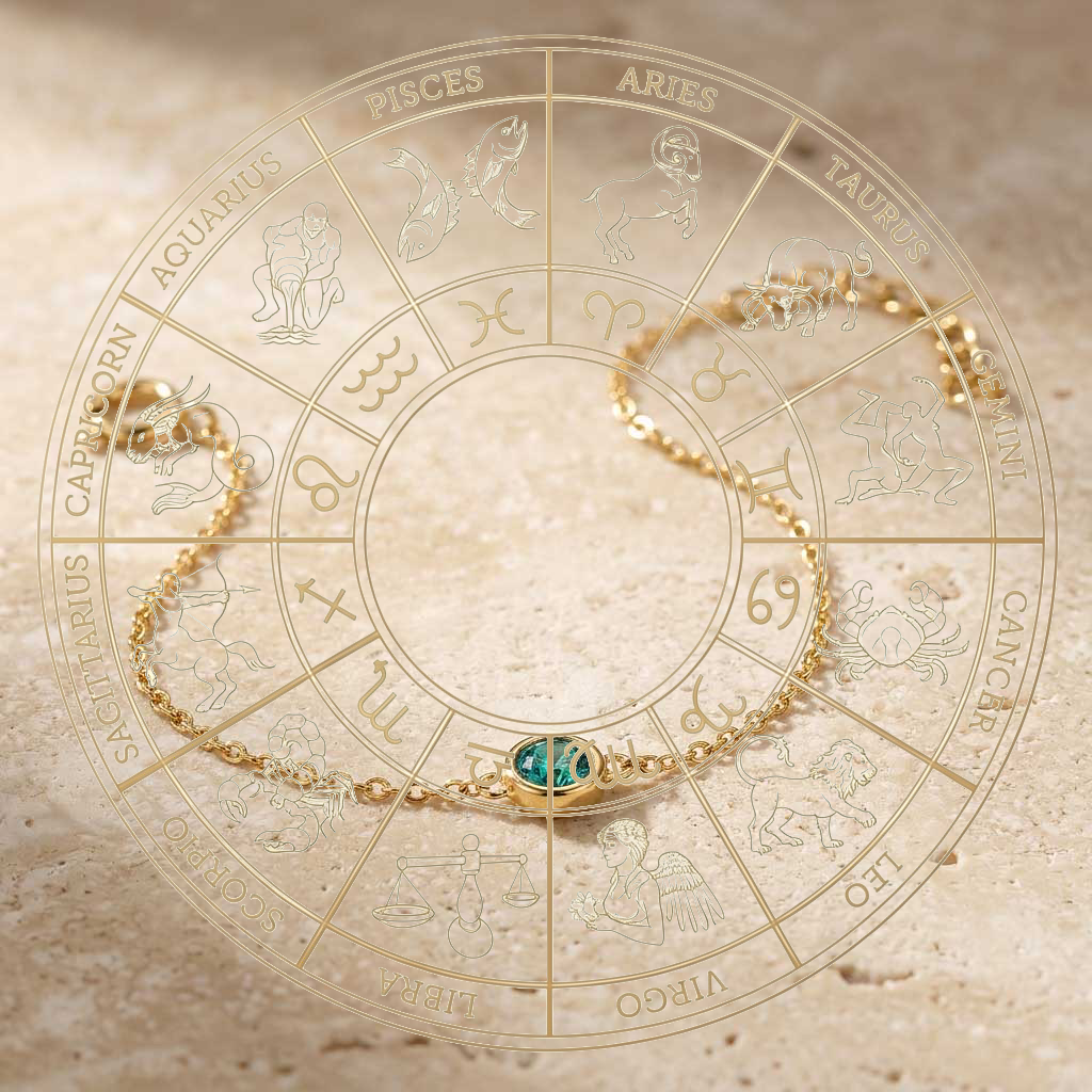 Gold bracelet with green gemstone on a zodiac wheel background