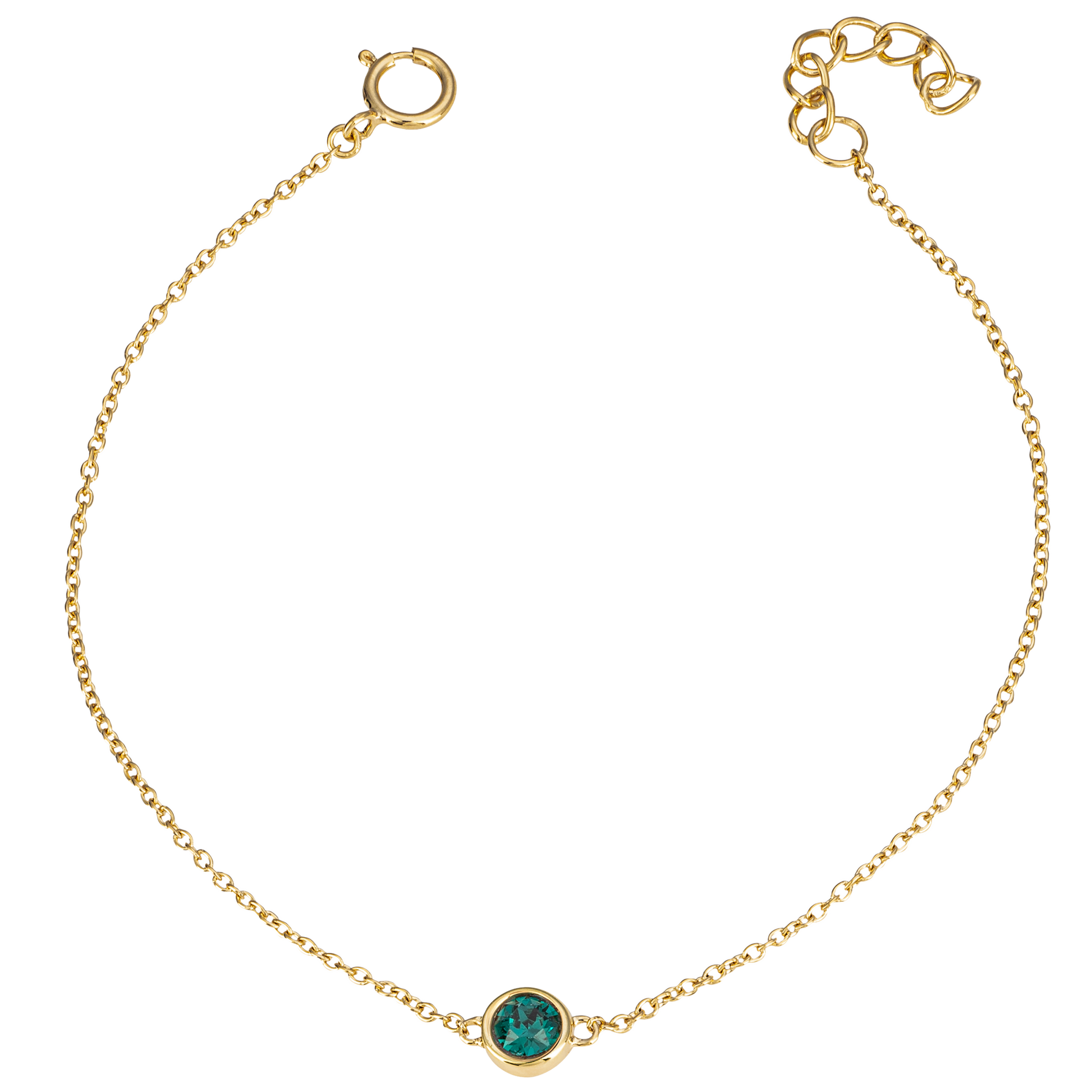 Gold bracelet with a green gemstone on a white background